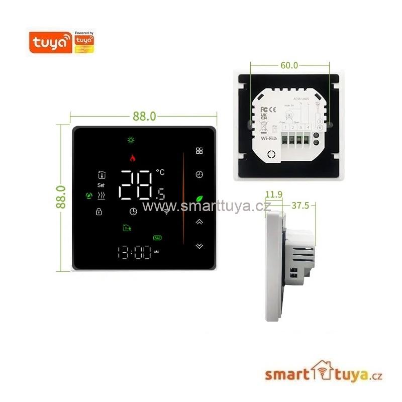 WiFi dotykový pokojový termostat 3A pro ovládání plynového kotle, černý - TUYA, Android/iOS