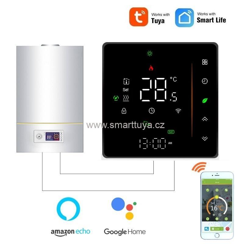 WiFi dotykový pokojový termostat 3A pro ovládání plynového kotle, černý - TUYA, Android/iOS