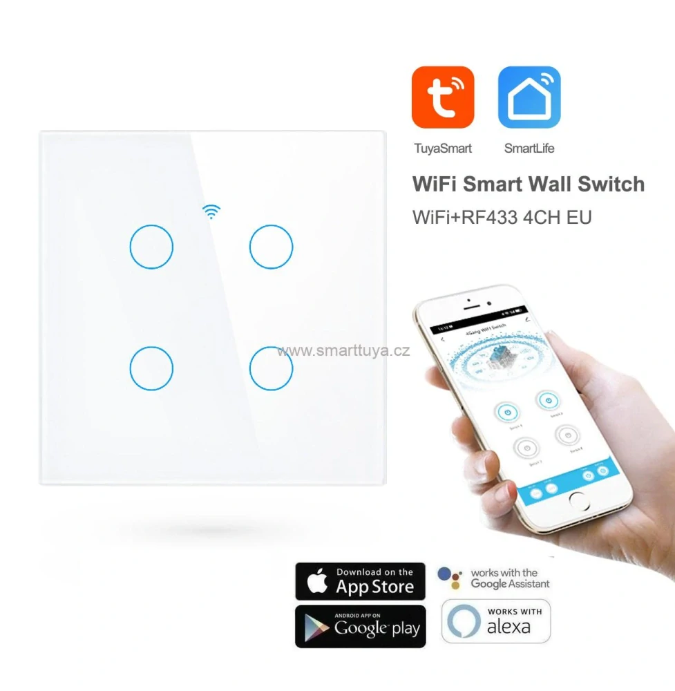 WiFi chytrý vypínač světel,čtyřlačítkový - TUYA, Android/iOS
