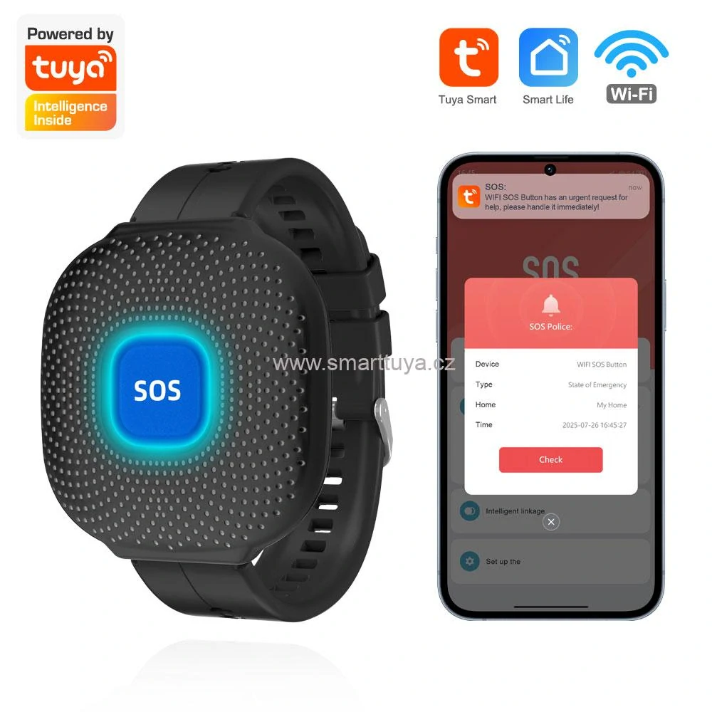 TUYA WiFi tísňové SOS tlačítko na zápěstí pro seniory – černé (vodotěsné hodinky), PST-CF103W