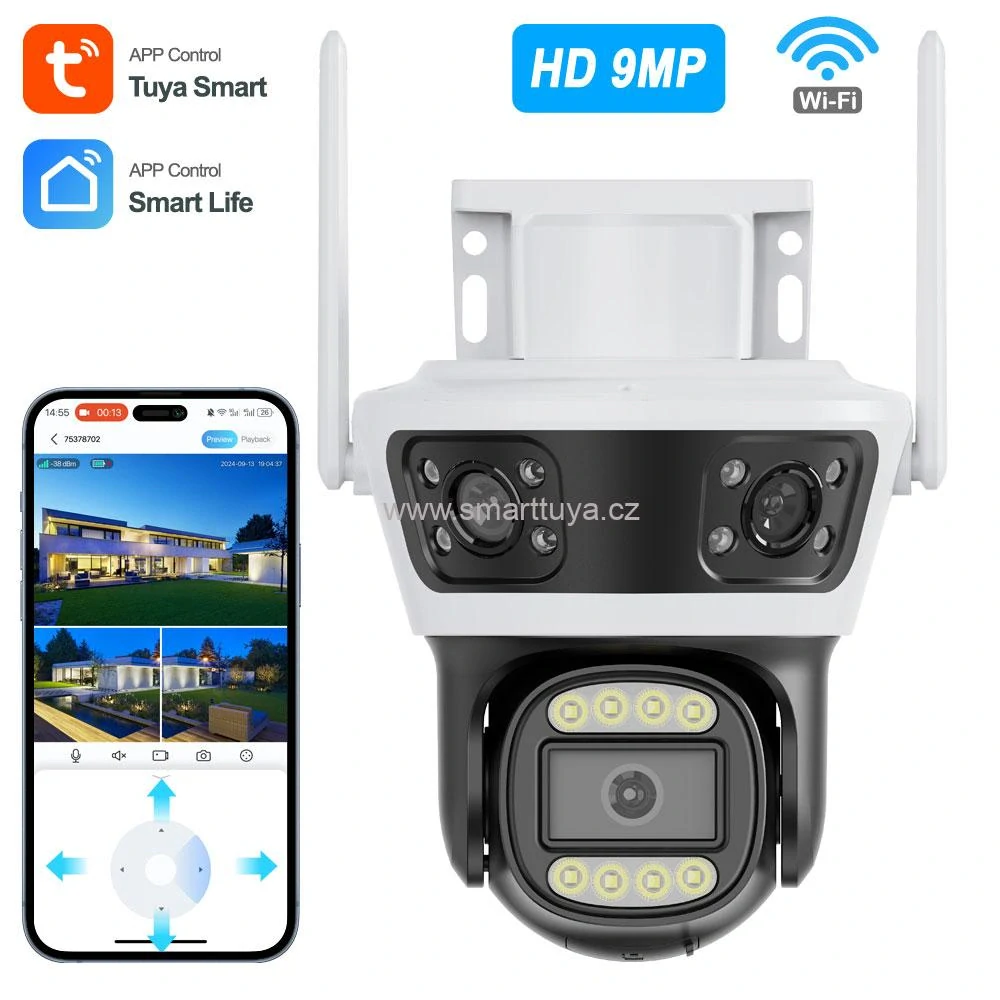WiFi Smart venkovní otočná kamera se 3 objektivy (9MP) se zvukem - Tuya