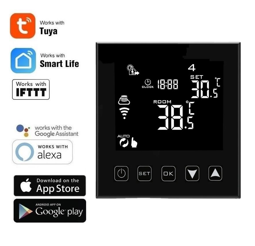 WiFi inteligentní termostat 16A, černý - TUYA, Android/iOS