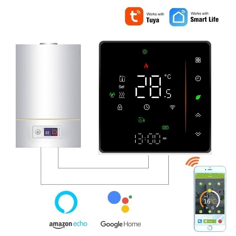 WiFi dotykový pokojový termostat 3A pro ovládání plynového kotle, černý - TUYA, Android/iOS