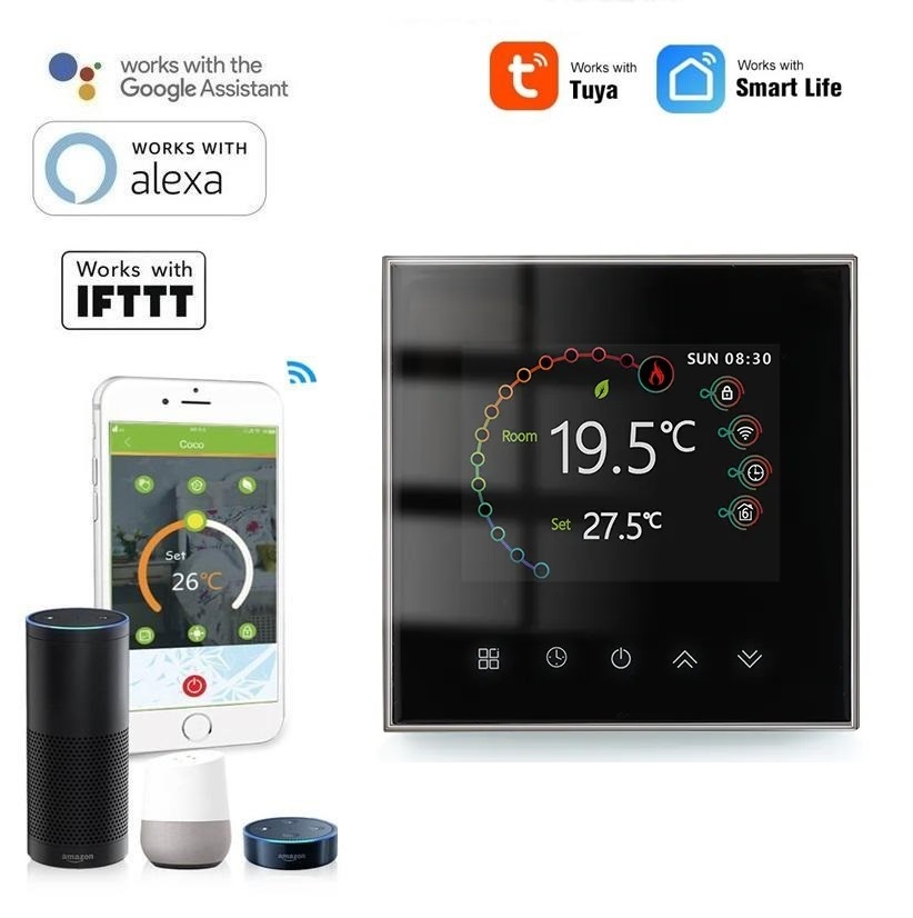 WiFi pokojový termostat s barevným LCD displejem 16A, černý- TUYA, Android/iOS