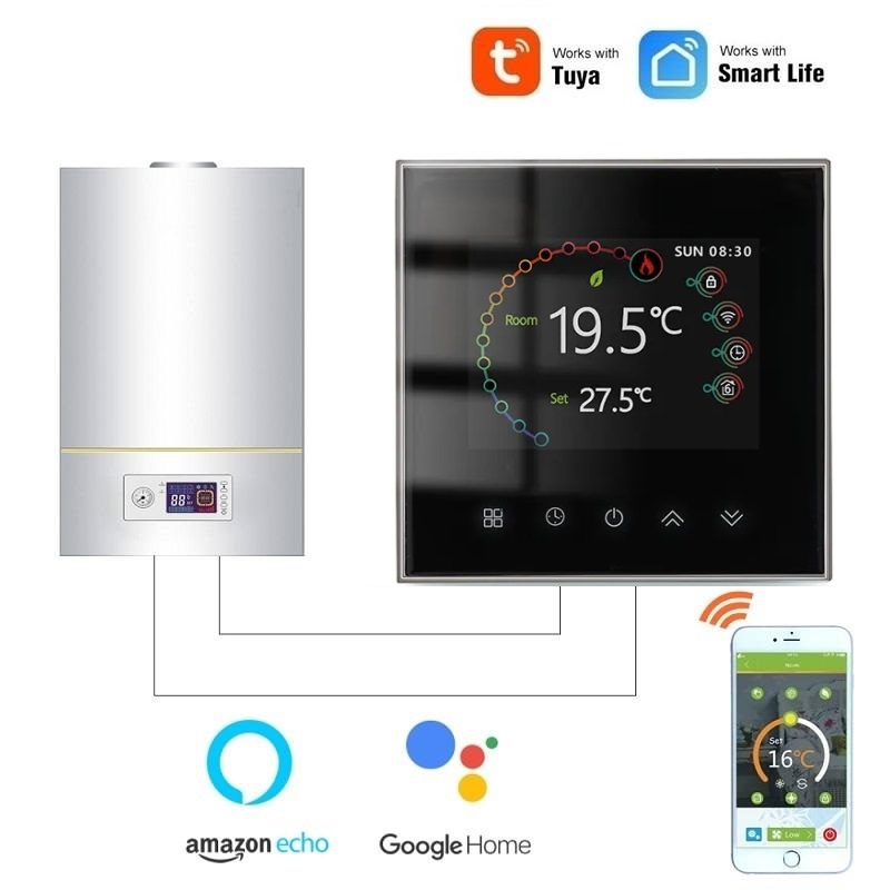 WiFi pokojový termostat 3A s barevným LCD displejem, pro ovládání plynového kotle, černý - TUYA, Android/iOS