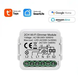 WiFi mini vestavný spínač pro ovládání stmívatelných žárovek, 2 kanálový - TUYA