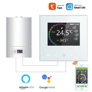 WiFi pokojový termostat 3A s barevným LCD displejem, pro ovládání plynového kotle, bílý - TUYA, Android/iOS