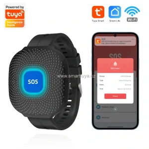 TUYA WiFi tísňové SOS tlačítko na zápěstí pro seniory – černé (vodotěsné hodinky), PST-CF103W