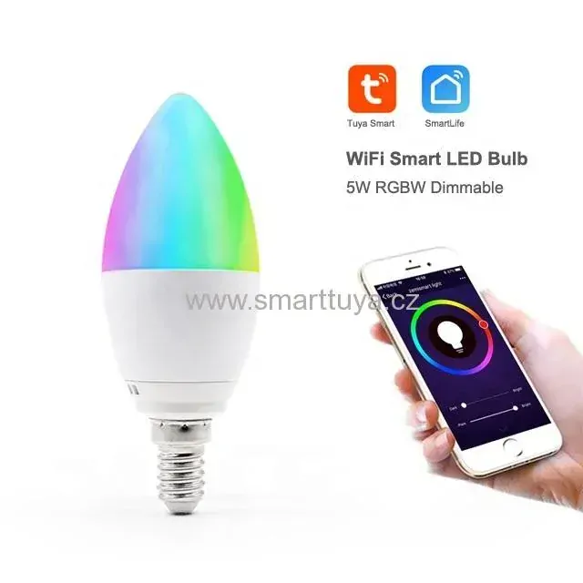 Wi-fi LED žárovka svíčka dálkově ovládaná aplikací, 5W, E14 RGBC+W - TUYA