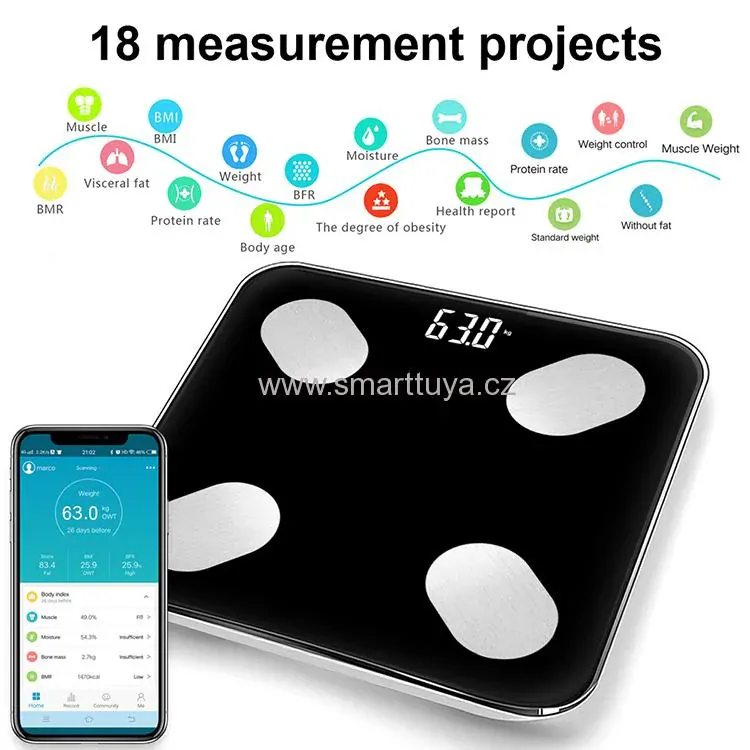 WiFi Smart osobní váha, digitální diagnostická - TUYA, Android/iOS