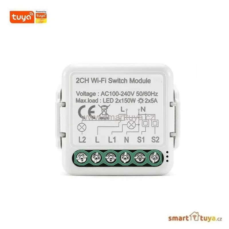 Wi-Fi mini vestavný spínač pro ovládání spotřebičů, 2 kanálový - TUYA