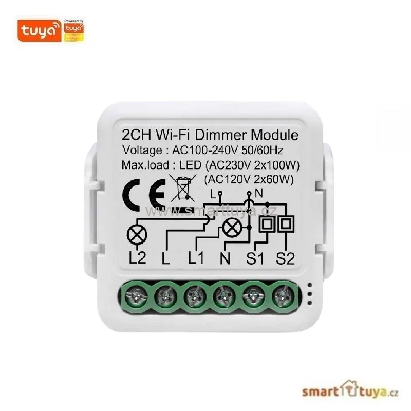 WiFi mini vestavný spínač pro ovládání stmívatelných žárovek, 2 kanálový - TUYA 