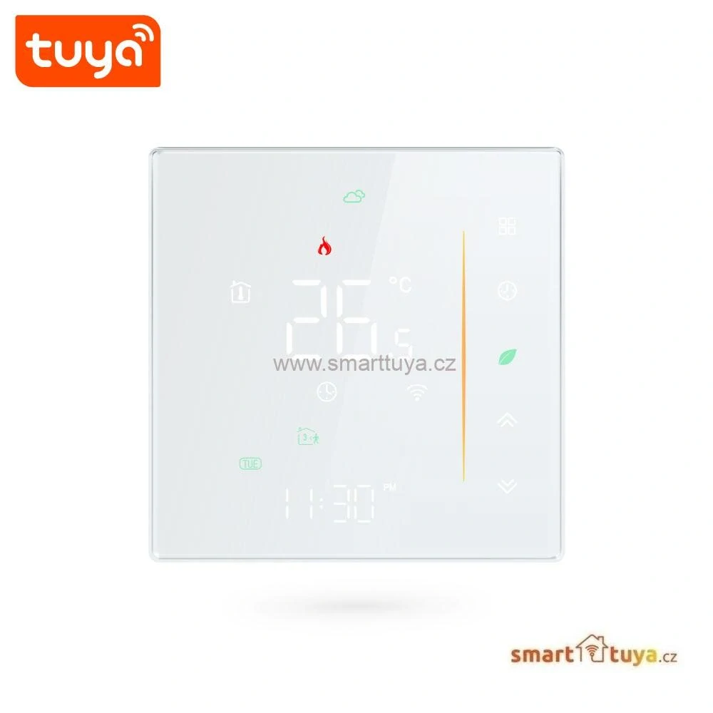 WiFi dotykový pokojový termostat 3A pro ovládání plynového kotle, bílý - TUYA, Android/iOS