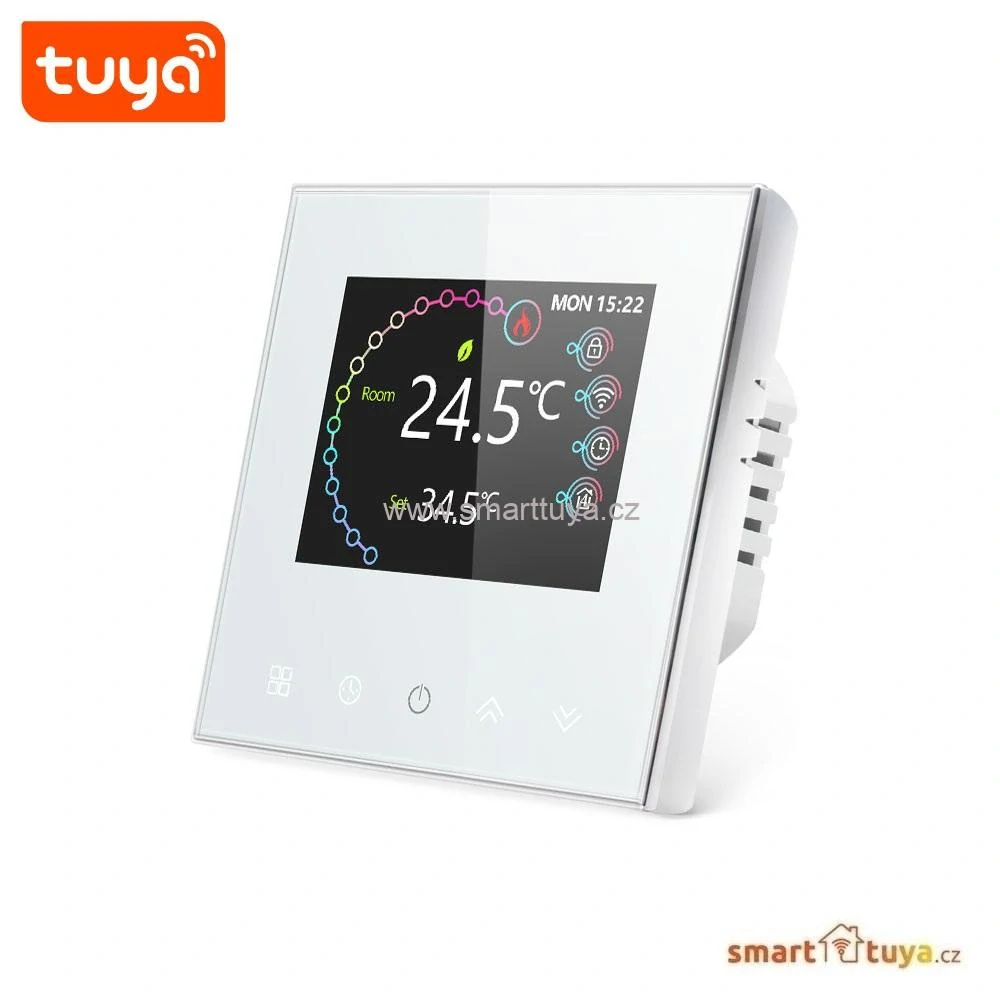 WiFi pokojový termostat s barevným LCD displejem 16A, bílý - TUYA, Android/iOS