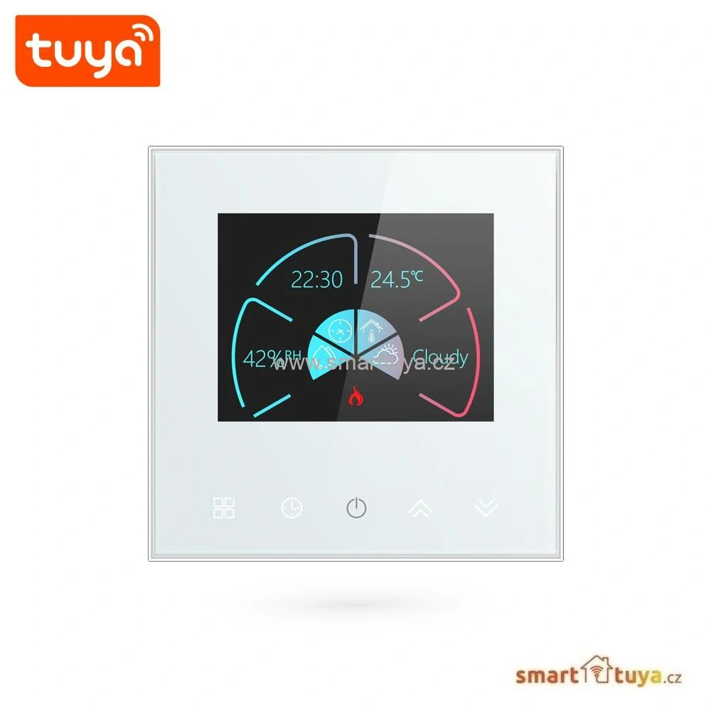 WiFi pokojový termostat 3A s barevným LCD displejem, pro ovládání plynového kotle, bílý - TUYA, Android/iOS