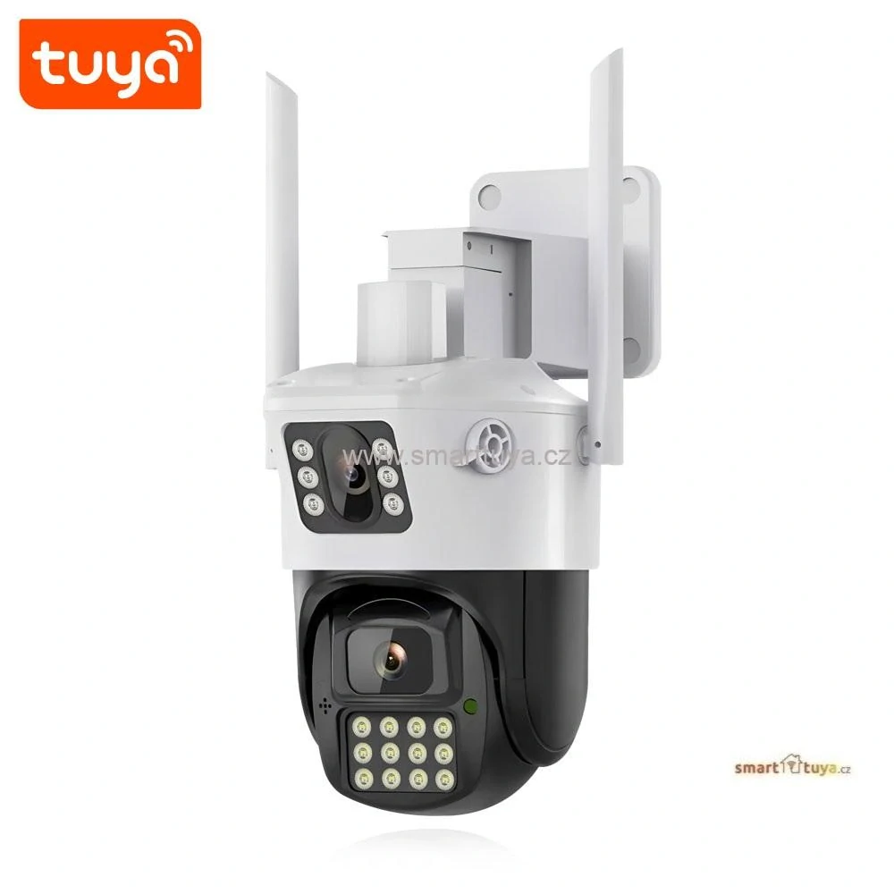 Duální venkovní otočná WiFi kamera Tuya PST-Q07-6MP se sirénou a majákem