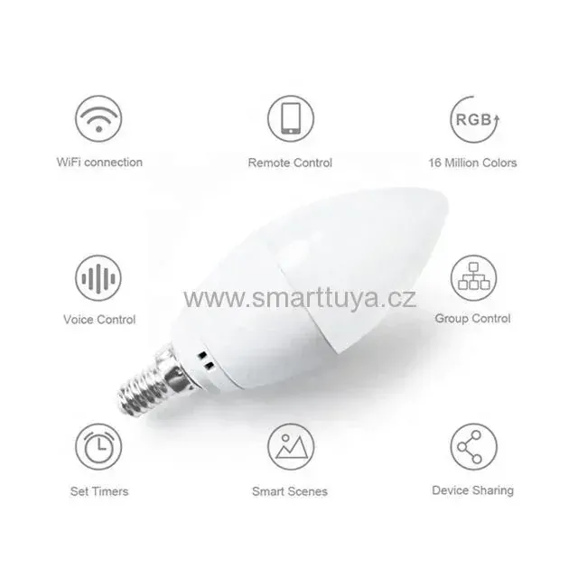 Wi-fi LED žárovka svíčka dálkově ovládaná aplikací, 5W, E14 RGBC+W - TUYA