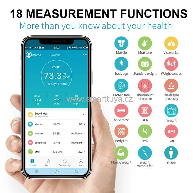 WiFi Smart osobní váha, digitální diagnostická - TUYA, Android/iOS