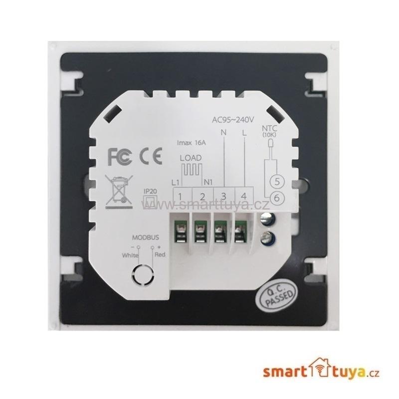 WiFi dotykový pokojový termostat  ovládaný aplikací, 16A, bílý - TUYA, Android/iOS