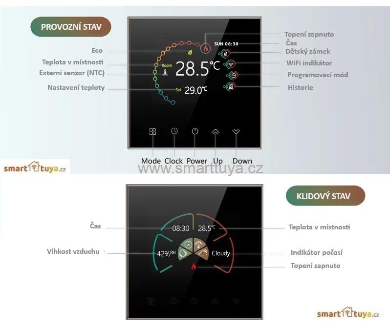 WiFi pokojový termostat 3A s barevným LCD displejem, pro ovládání plynového kotle, černý - TUYA, Android/iOS