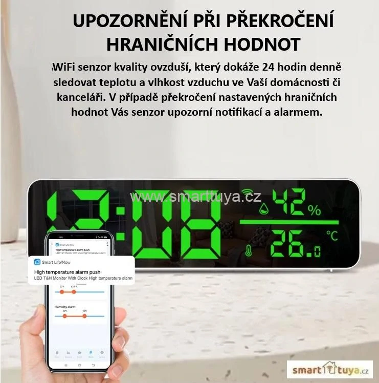 WiFi sensor teploty a vlhkosti vzduchu s LCD displejem a budíkem– TUYA, Android/iOS