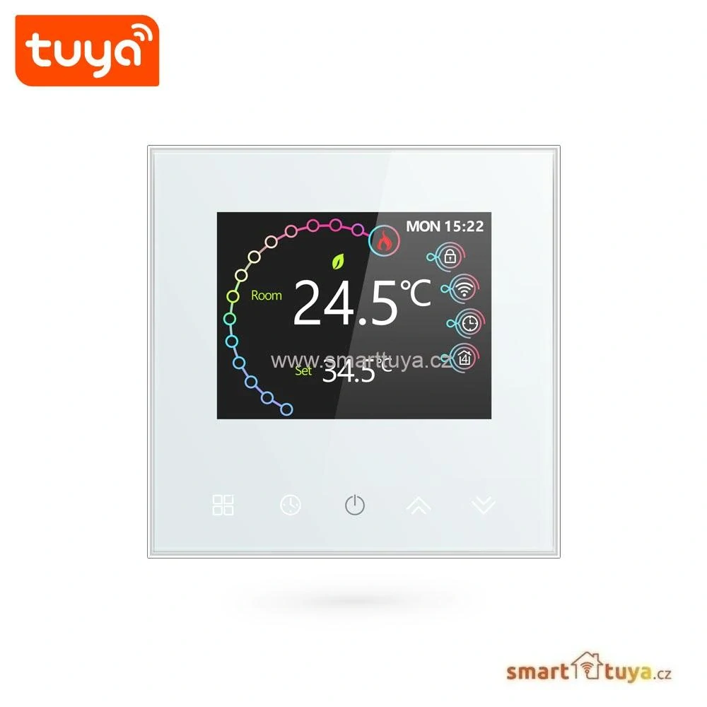 WiFi pokojový termostat 3A s barevným LCD displejem, pro ovládání plynového kotle, bílý - TUYA, Android/iOS