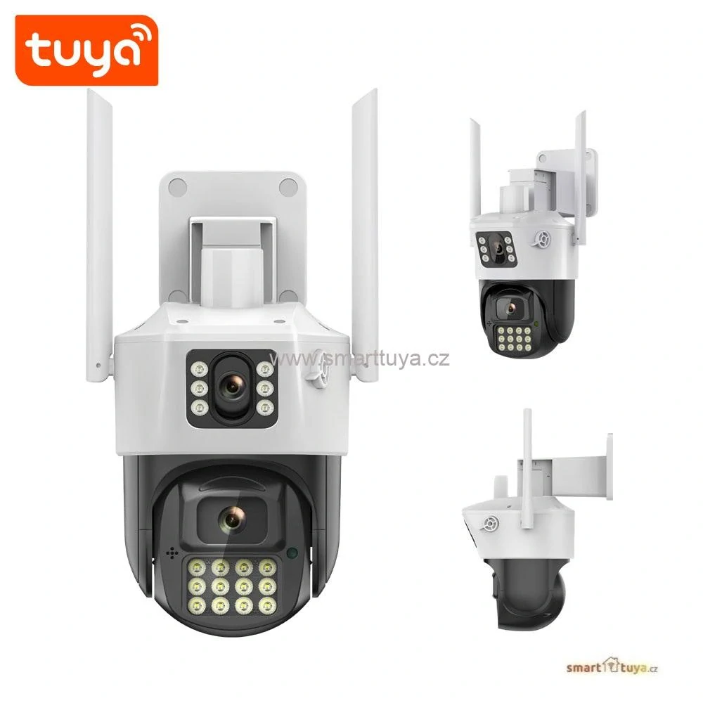 Duální venkovní otočná WiFi kamera Tuya PST-Q07-6MP se sirénou a majákem