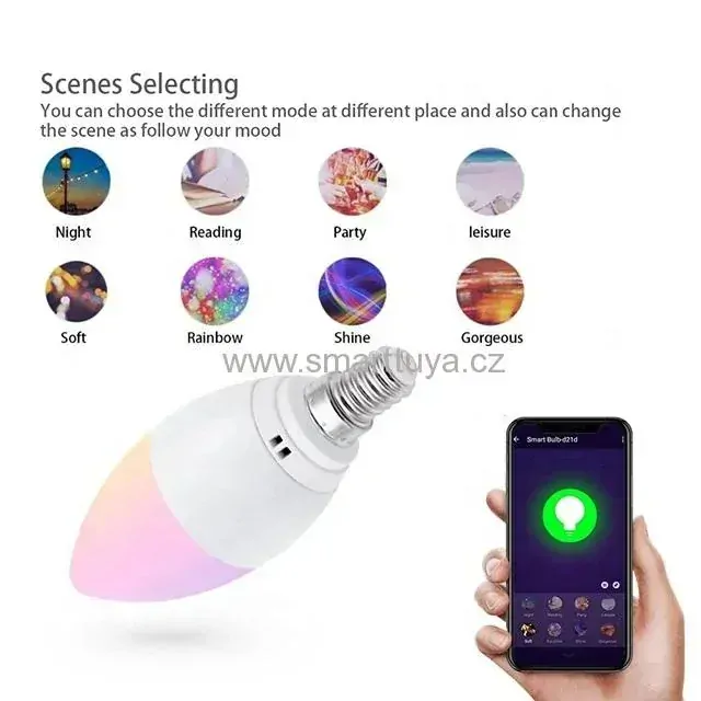 Wi-fi LED žárovka svíčka dálkově ovládaná aplikací, 5W, E14 RGBC+W - TUYA