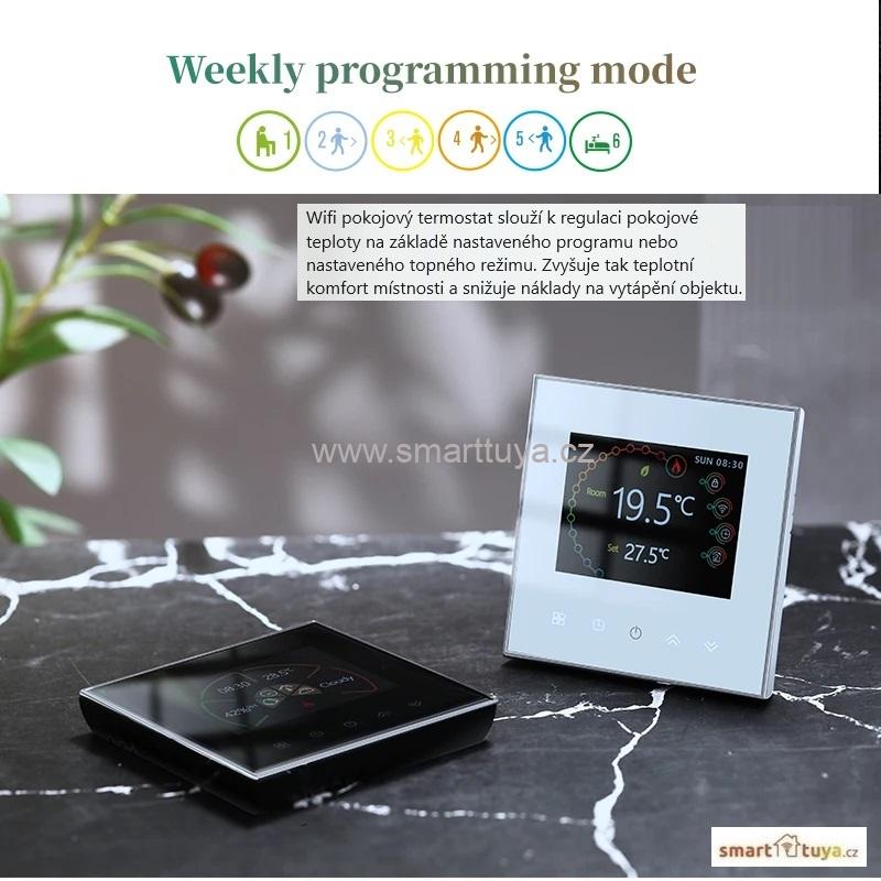 WiFi pokojový termostat s barevným LCD displejem 16A, černý- TUYA, Android/iOS