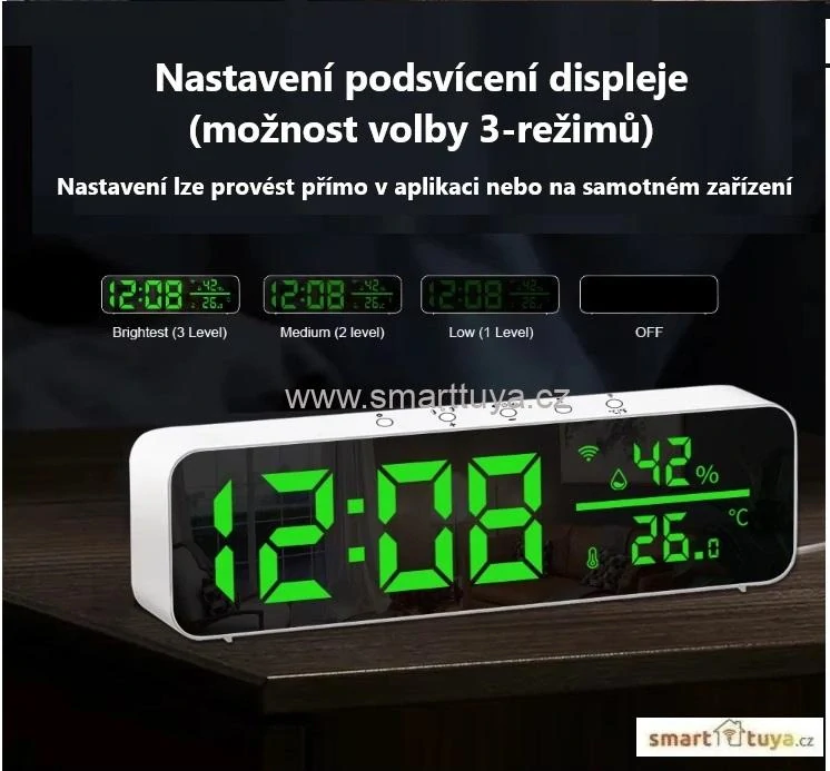 WiFi sensor teploty a vlhkosti vzduchu s LCD displejem a budíkem– TUYA, Android/iOS