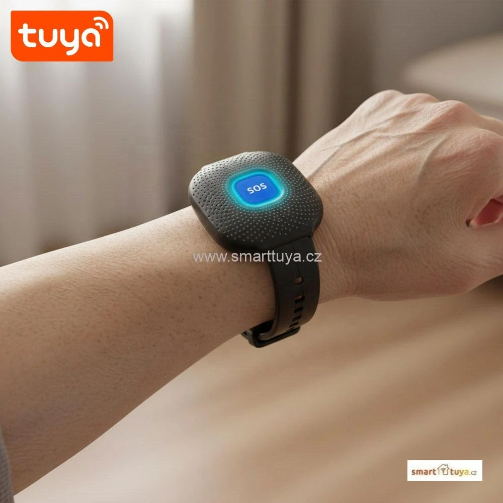 TUYA WiFi tísňové SOS tlačítko na zápěstí pro seniory – černé (vodotěsné hodinky), PST-CF103W