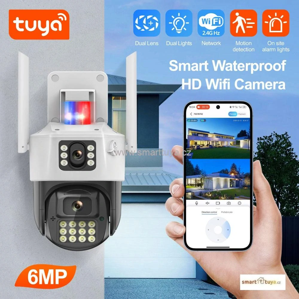 Duální venkovní otočná WiFi kamera Tuya PST-Q07-6MP se sirénou a majákem