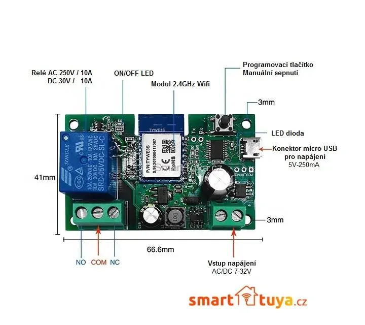 Wi-Fi nízkonapěťový spínač 5V / 7-32V - TUYA