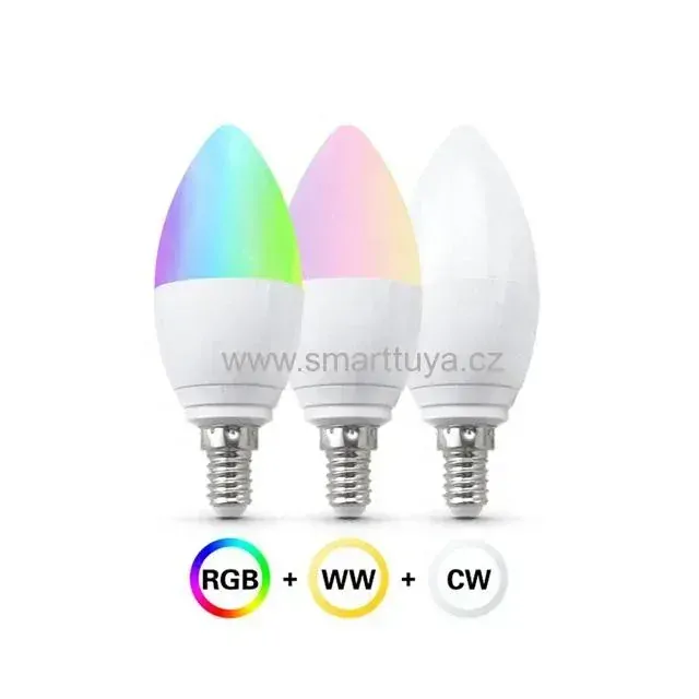 Wi-fi LED žárovka svíčka dálkově ovládaná aplikací, 5W, E14 RGBC+W - TUYA