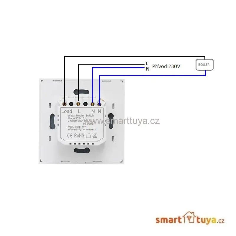 Wi-Fi chytrý spínač pro ohřívače vody (bojlery), 20A - TUYA, Android/iOS