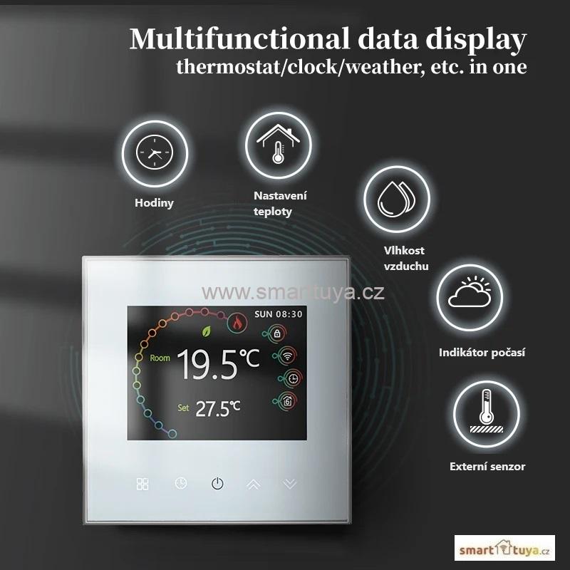WiFi pokojový termostat 3A s barevným LCD displejem, pro ovládání plynového kotle, černý - TUYA, Android/iOS