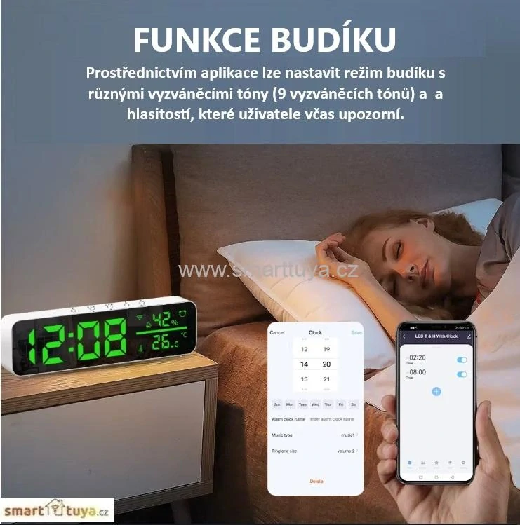 WiFi sensor teploty a vlhkosti vzduchu s LCD displejem a budíkem– TUYA, Android/iOS
