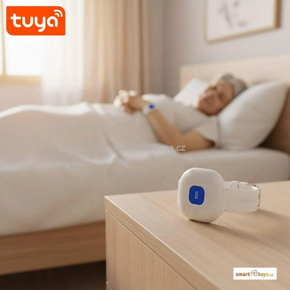TUYA WiFi tísňové SOS tlačítko na zápěstí pro seniory – černé (vodotěsné hodinky), PST-CF103W