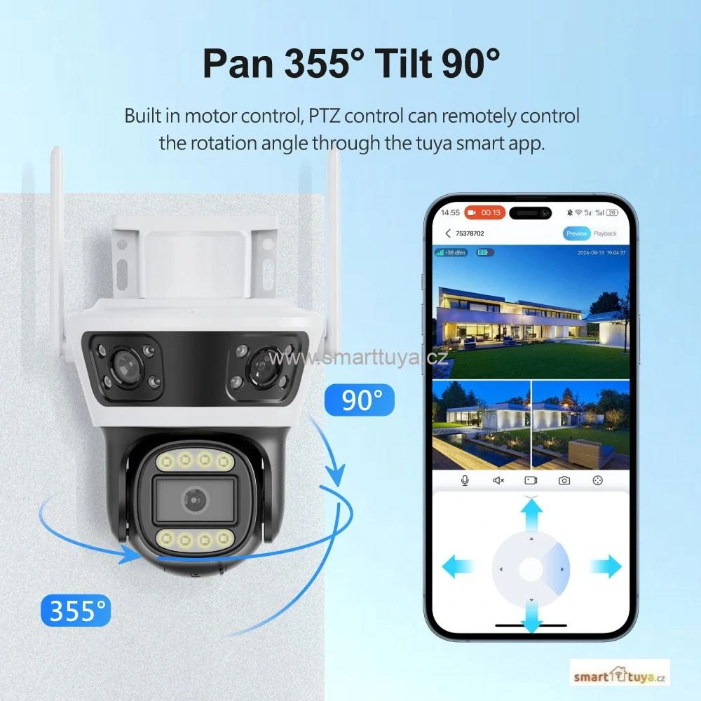 WiFi Smart venkovní otočná kamera se 3 objektivy (9MP) se zvukem - Tuya