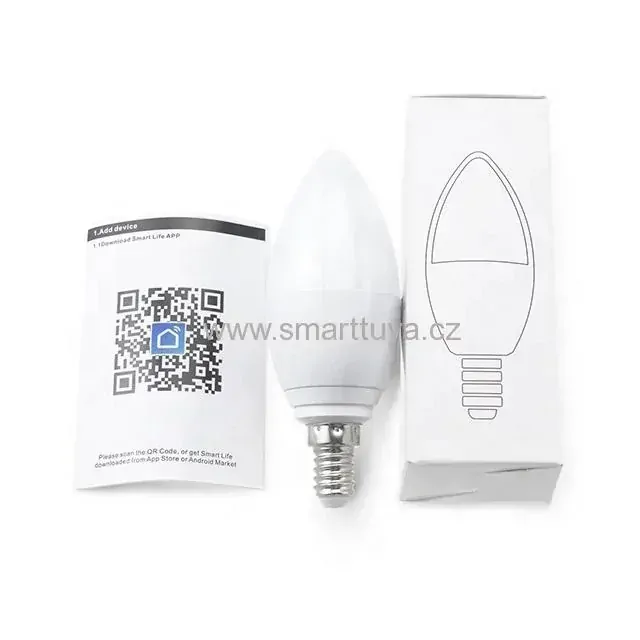 Wi-fi LED žárovka svíčka dálkově ovládaná aplikací, 5W, E14 RGBC+W - TUYA