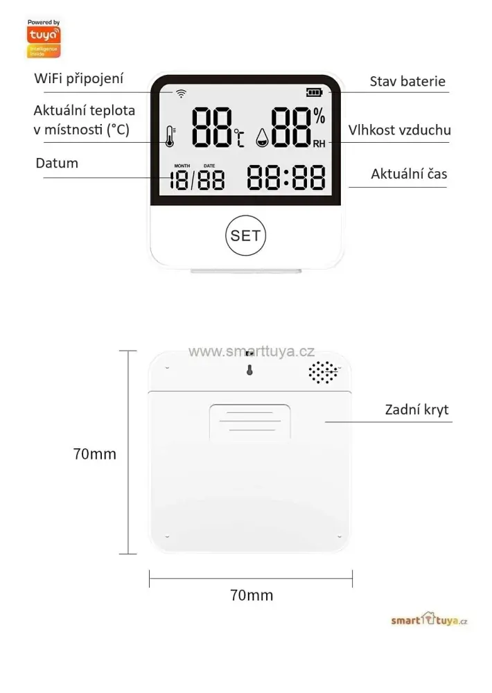 WiFi Smart sensor teploty a vlhkosti vzduchu s LCD displejem – TUYA, Android/iOS