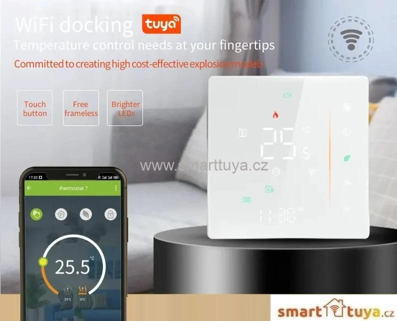 WiFi dotykový pokojový termostat 3A pro ovládání plynového kotle, bílý - TUYA, Android/iOS
