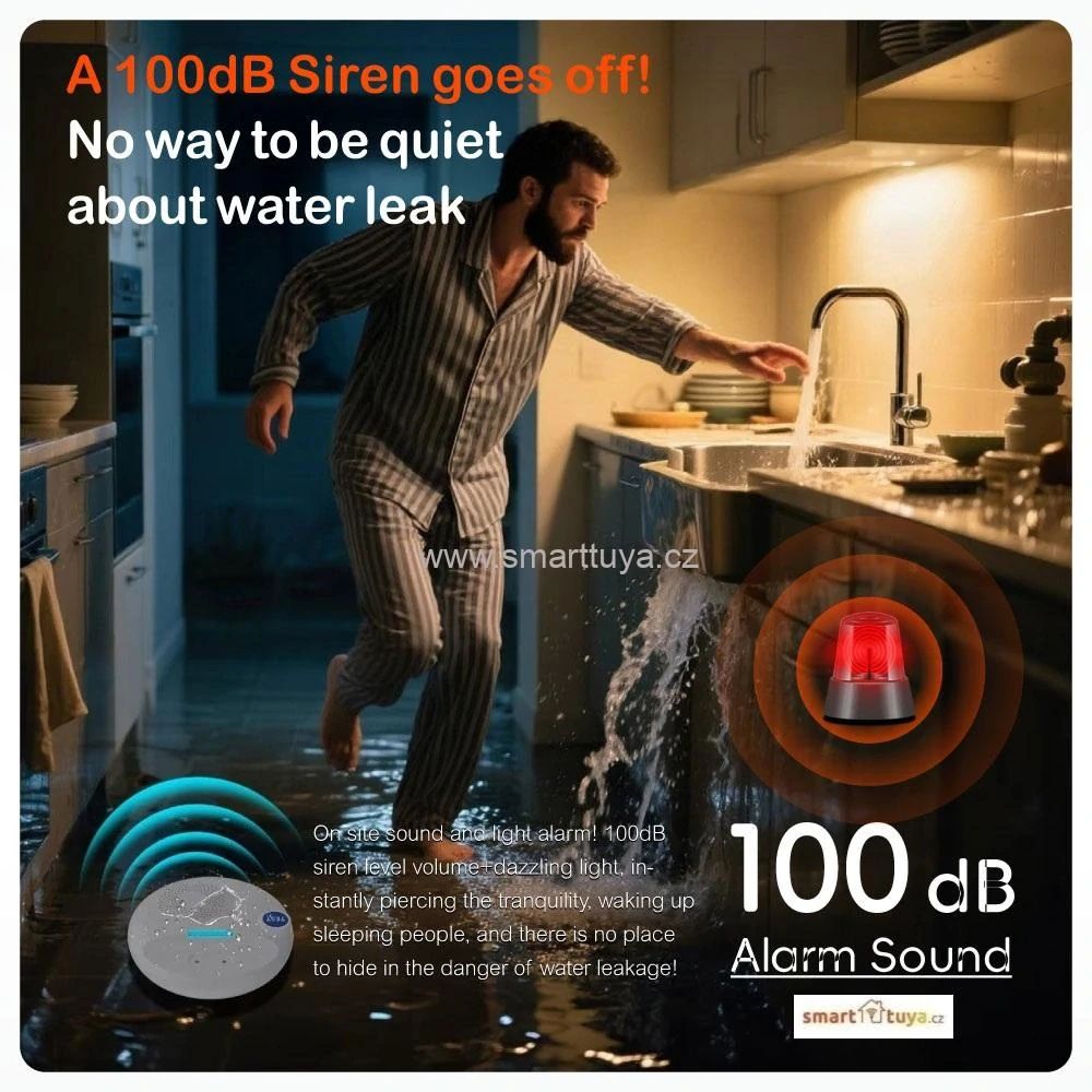 TUYA WiFi detektor úniku vody se 100dB sirénou a duální detekcí, PST-SW107W