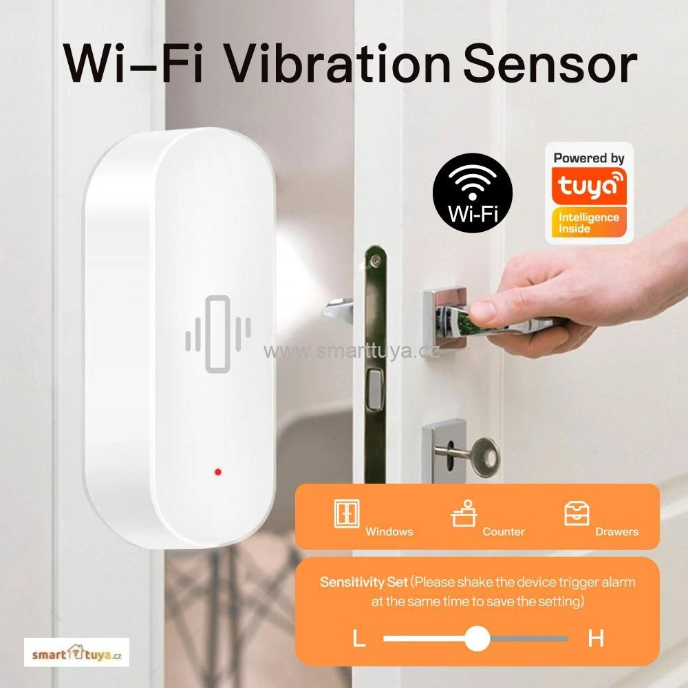 TUYA WiFi vibrační a otřesový senzor s nastavitelnou citlivostí, PST-ZD400A