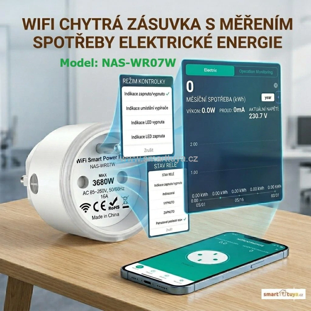 VÝHODNÝ SET 3 ks - TUYA WiFi chytrá zásuvka 16A s měřením spotřeby NAS-WR07W 