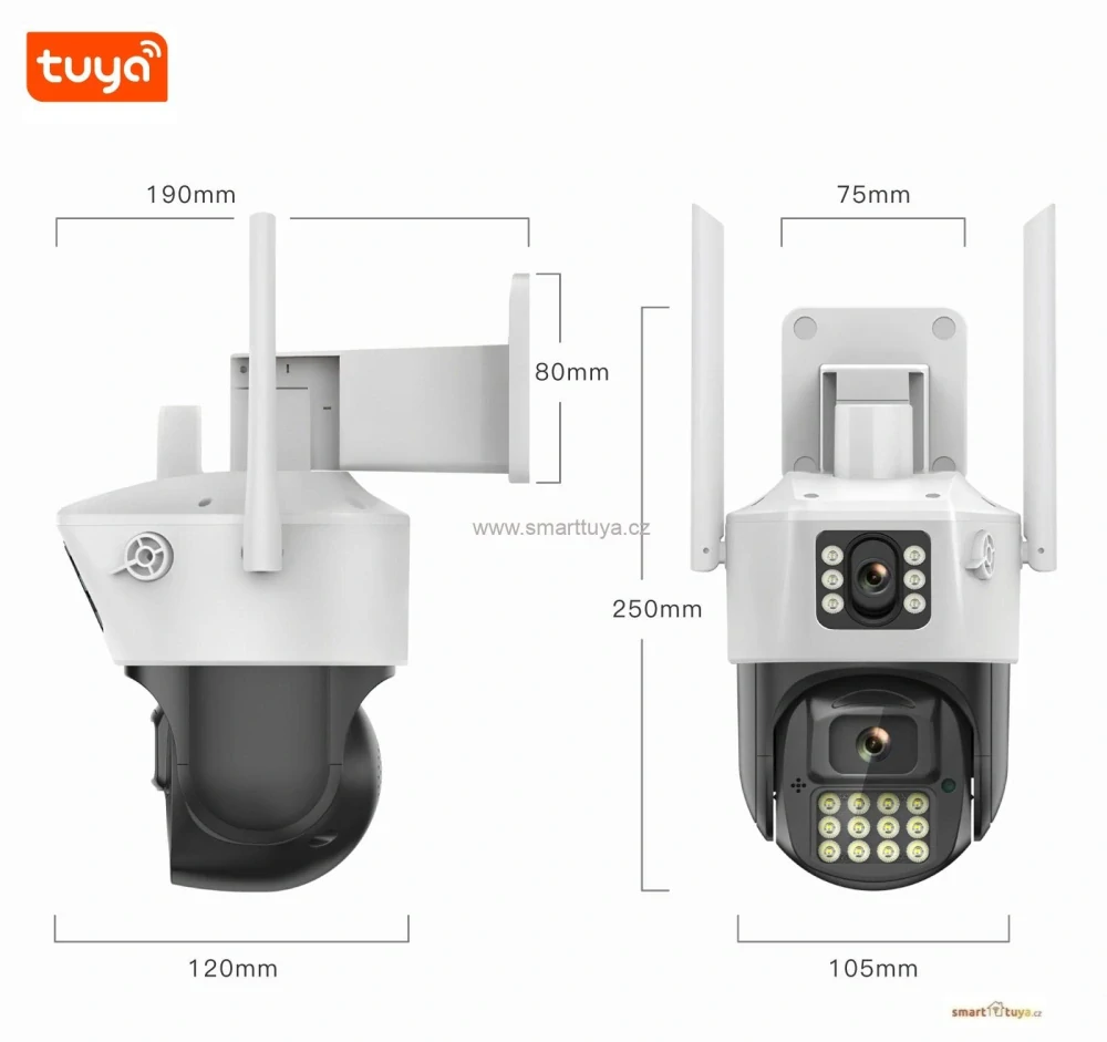 Duální venkovní otočná WiFi kamera Tuya PST-Q07-6MP se sirénou a majákem