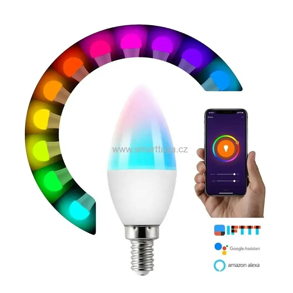 Wi-fi LED žárovka svíčka dálkově ovládaná aplikací, 5W, E14 RGBC+W - TUYA