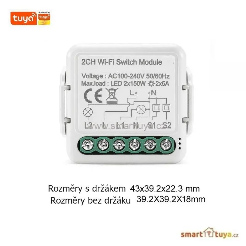 Wi-Fi mini vestavný spínač pro ovládání spotřebičů, 2 kanálový - TUYA