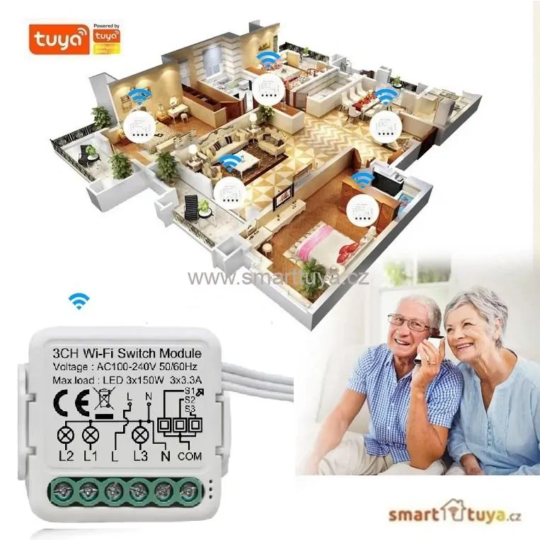 Wi-Fi mini vestavný spínač pro ovládání spotřebičů, 3 kanálový - TUYA