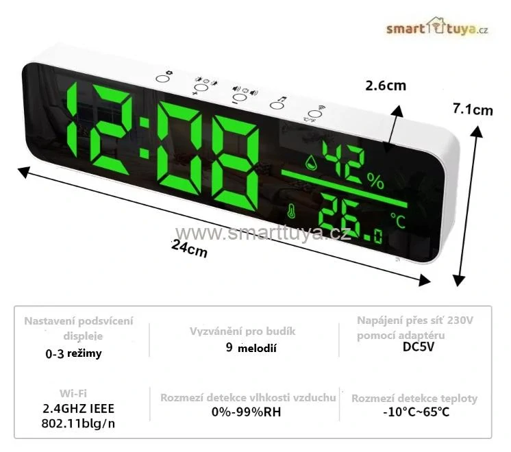 WiFi sensor teploty a vlhkosti vzduchu s LCD displejem a budíkem– TUYA, Android/iOS